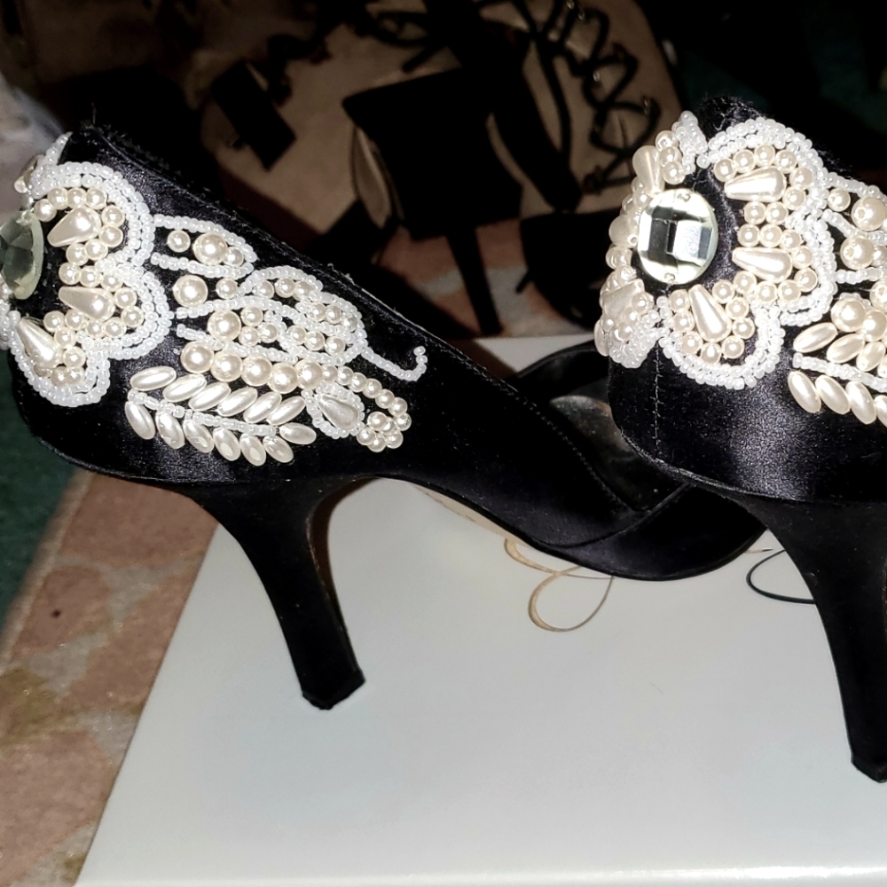 RSVP Black Satin Heals with Pearls Adorning the Heal, Size 10